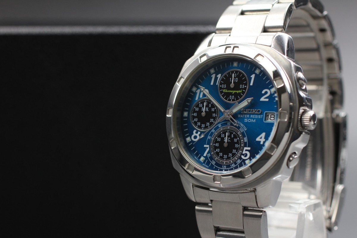 Vintage 1999 Seiko Chronograph V657-9010 Blue Dial Quartz Mens