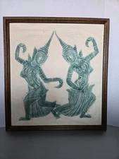 VTG Green Thai Temple Rubbing Rice Paper Art Framed 20.5" X 22"