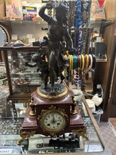 Antique French Mantel Clock "Hip Moreau" Marble Bronze Candlestick 19th