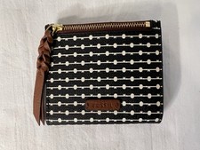 Fossil Logan Black White Dots Keys Geometric Bifold Wallet Coin Zip Snap