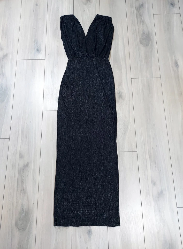 Rare London Long Dress Women Size 8 Black V-Neck Ruched Maxi Dress - Image 3 of 4
