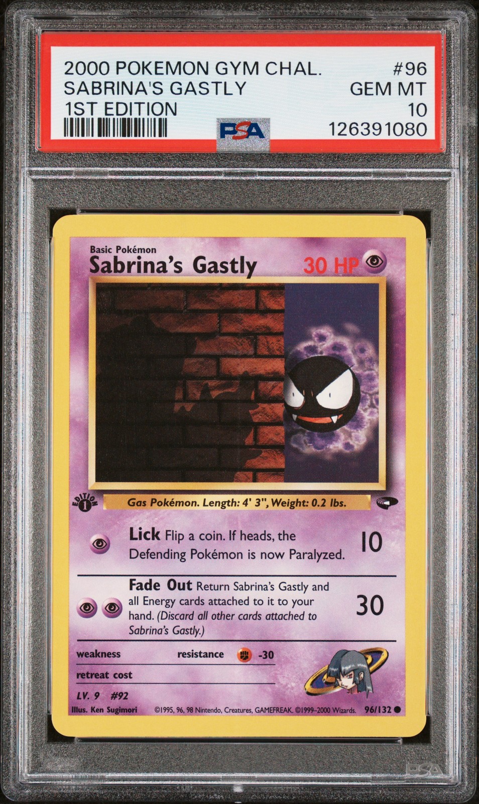 2000 POKEMON GYM CHALLENGE 1ST ED #96 SABRINA'S GASTLY PSA 10
