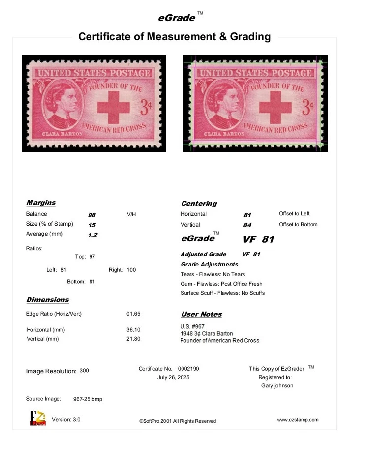 Sello de Estados Unidos #967- 1948 3¢ edición Clara Barton, EzGrade™ en estado bastante bueno, MNH, OG Foto 3 de 3