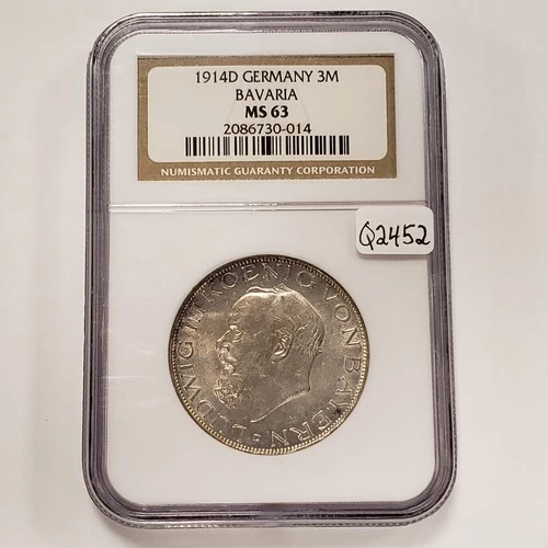 1914-D German States Bavaria 3 Mark .4823 oz ASW - NGC MS 63 - SKU-Q2452