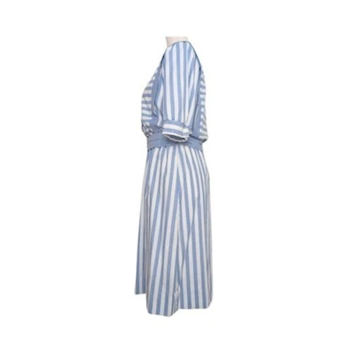 Periwinkle Striped Blue White Dress Women's 8 Vintage 80s Puff Sleeve Twee - Image 3 of 4