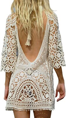 #ad Women’s Bathing Suit Cover Up Crochet Lace Bikini Swimsuit Dress One Size M $18.55