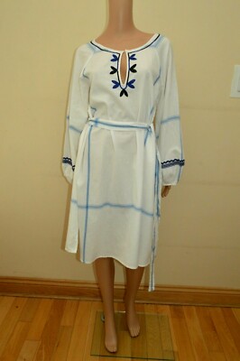 New French Connection White Blue Embroidered Cotton Folk Dress Sz M UK 12 -  14
