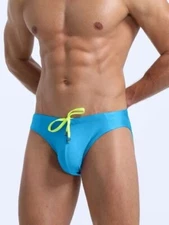 New Men's Sexy Blue Bikini Low Rise Style Swim Brief w/Yellow Drawstring -Gay