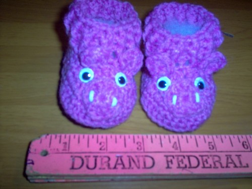 Hand crafted crochet Pink pig booties. 4" L