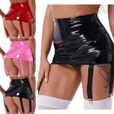 Women Wet Look Leather Slim Skirt Suspenders Garter Belt Six Metal Buckle Clips