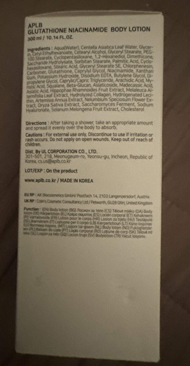 edta glutathione suppository APLB Glutathione Niacinamide Body Lotion, Korean Beauty, 10.14 F/O, New