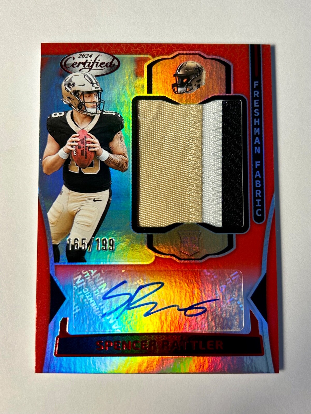 Spencer Rattler 2024 Panini Certified Rookie Patch Auto /199 Red Freshman Fabric