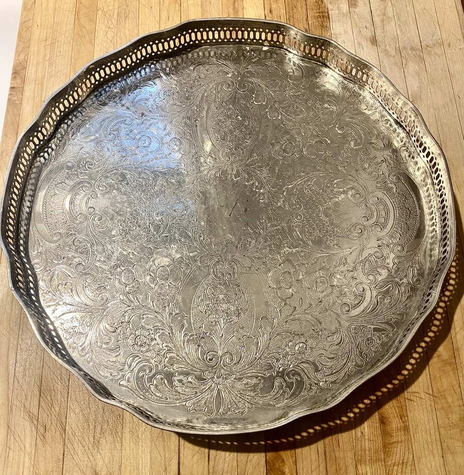 "Bandeja de galería con patas plateada Ellis Barker Silver Co. 14"" Edwardian Sheffield" Foto 2 de 4