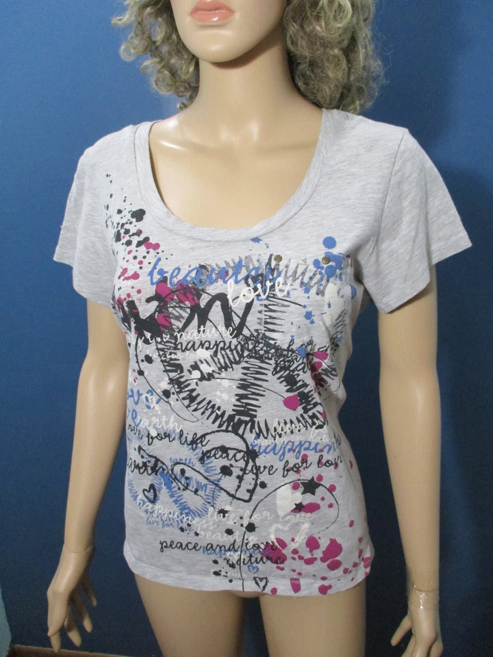 XL Gris Salpicaduras Texto Cuello Redondo Camiseta Top Blusa por L.E.I. bolsillo frontal con tachuelas Foto 4 de 4