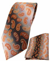 Tigertie Krawatte + Einstecktuch In Orange Grausilber Paisley Gemustert
