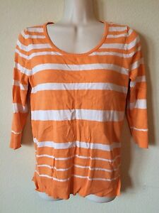 Merona-Orange-White-Strip-Scoop-Neck-3-4-Sleeve-Women-039-s-Sweater-Top-Size-XS
