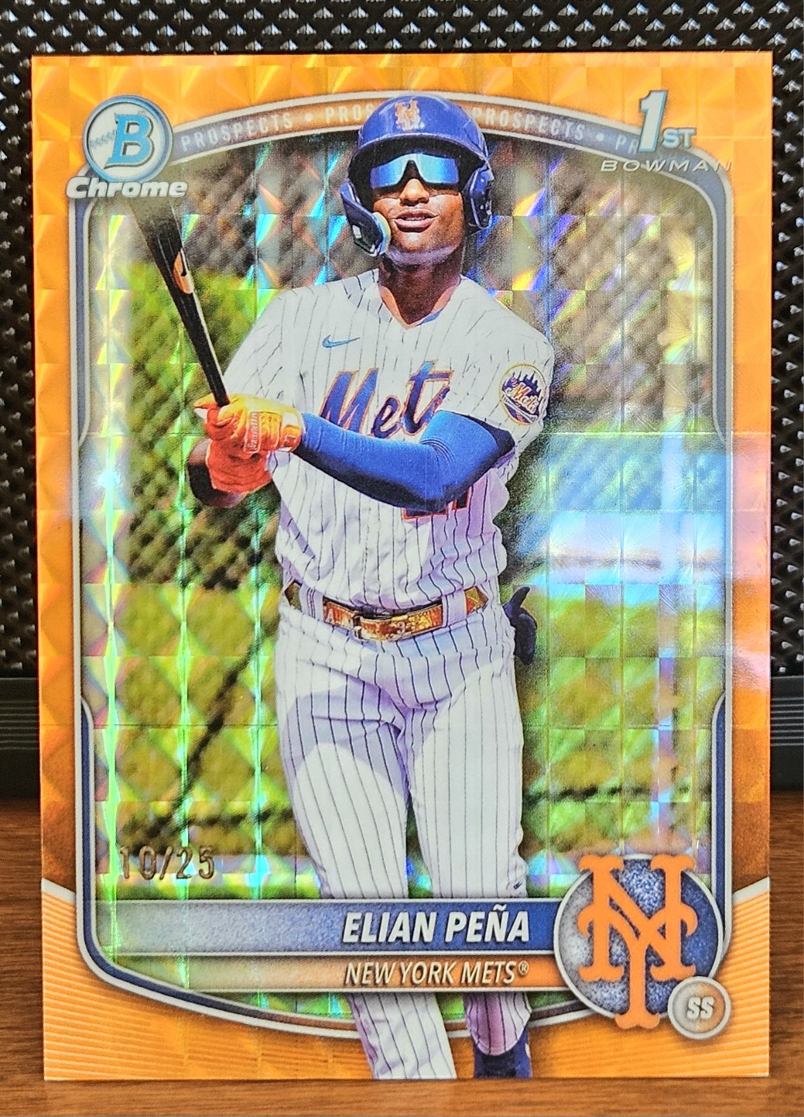 2025 Bowman Chrome Elian Pena 1st Bowman Orange Geometric Refractor /25 Mets
