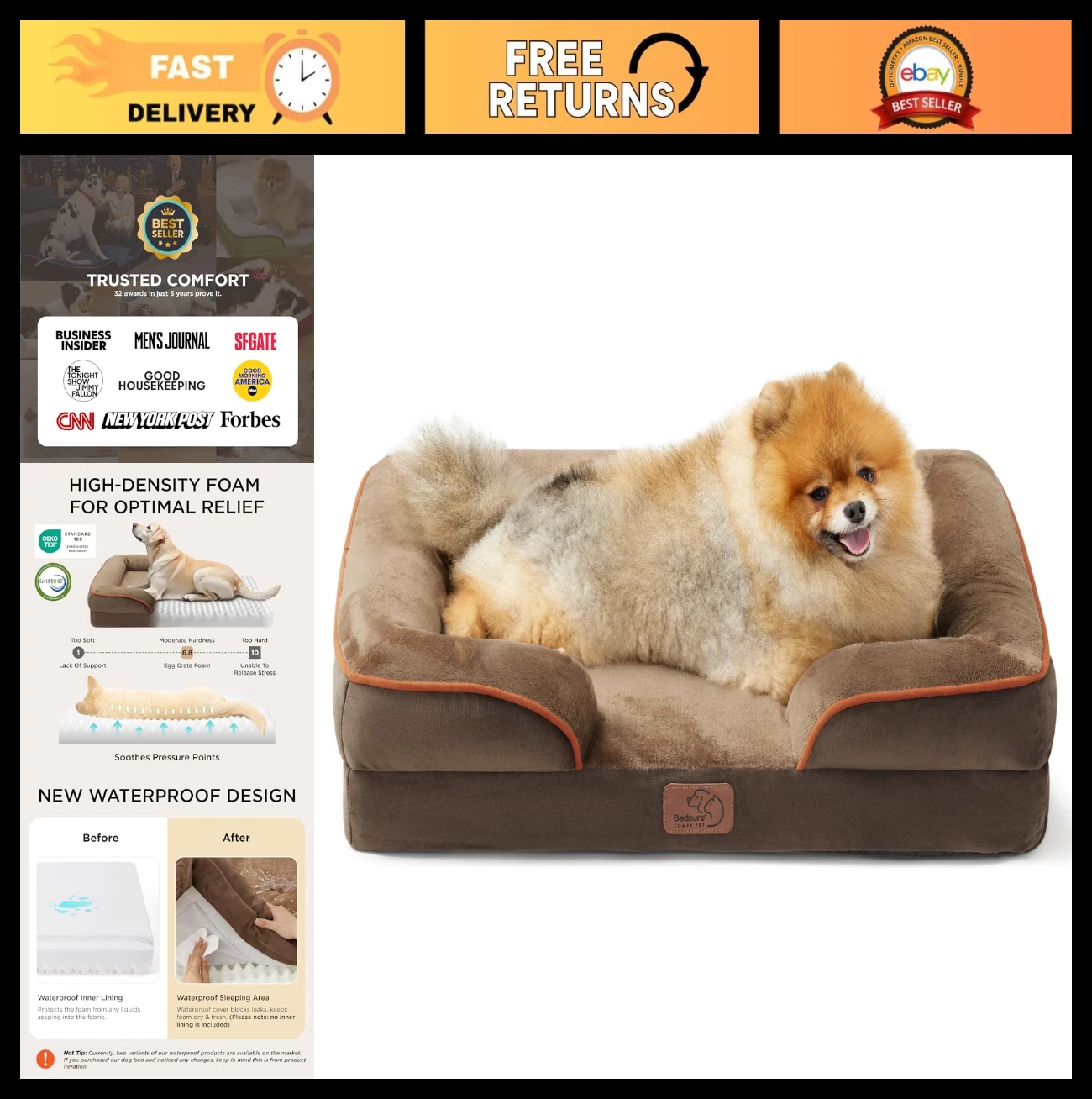 Orthopedic Small Dog Bed - Waterproof, Washable Pet Couch with Nonskid Bottom, 2