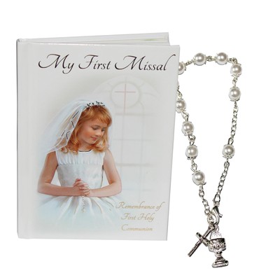 First Holy Communion Gift Set Girl Missal Book, Chalice Rosary Bracelet C5162