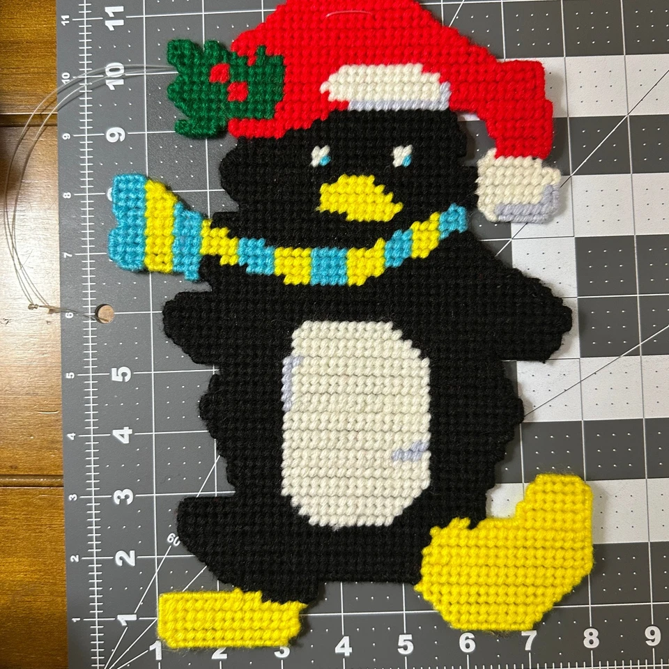 2 Completed Design Works Christmas Penguin Plastic Canvas Yarn Wall Decor - Image 2 of 4
