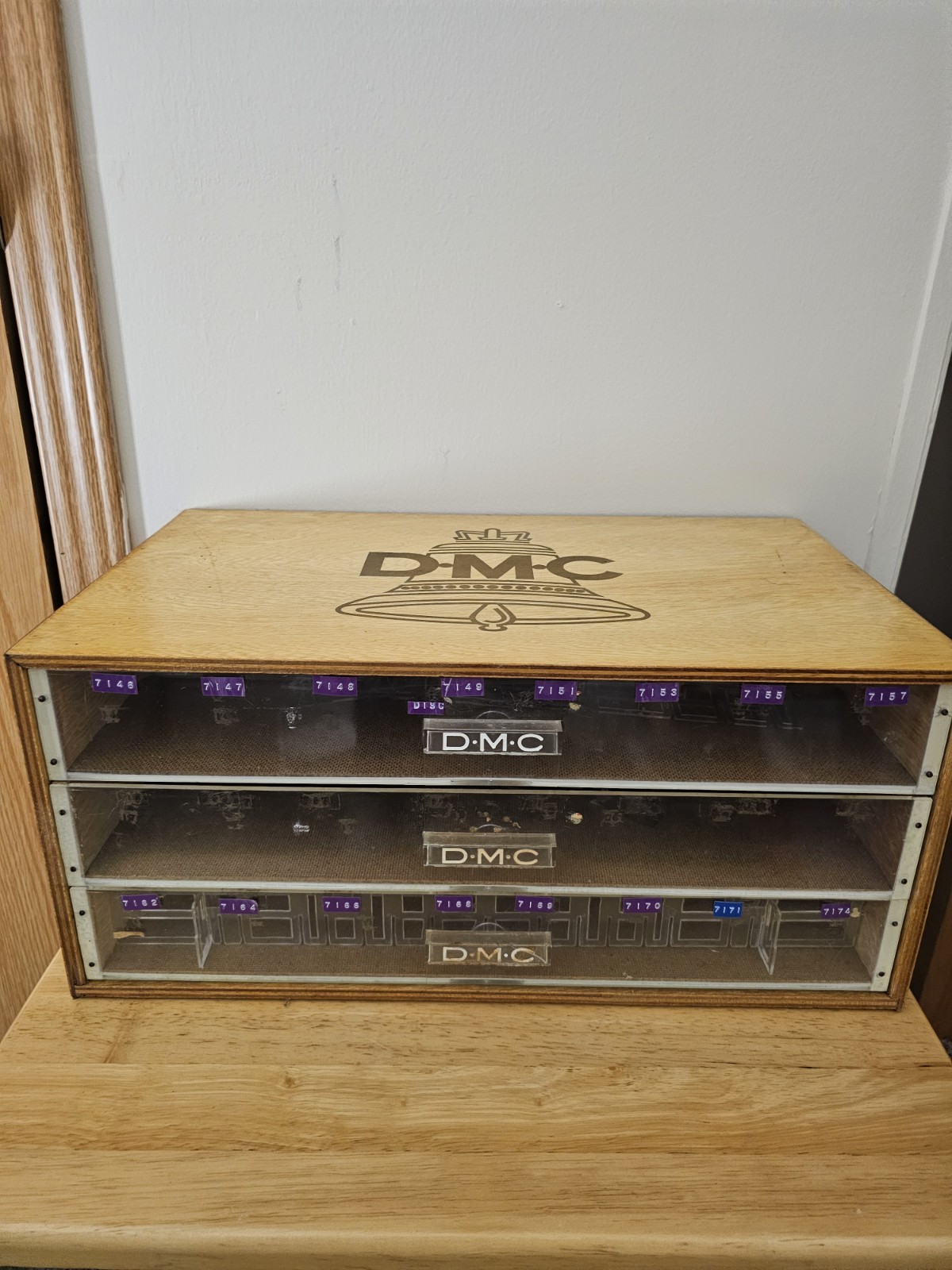 Vintage DMC Thread Floss Wooden Wood 3 Drawer Box Embroidery