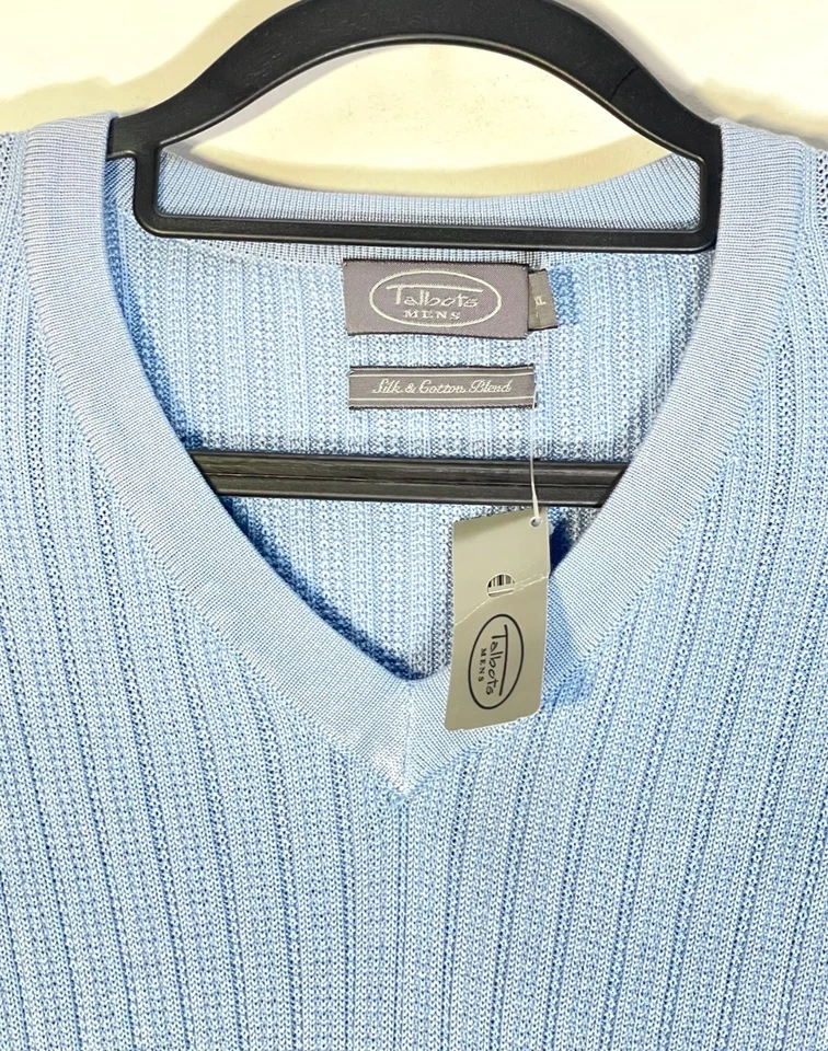 Talbots MENS NWTs XL Light Blue 75% Silk 25% Cotton Sweater V Neck Rib Knit NOS - Image 3 of 4