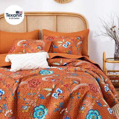 - Boho Quilt Set, Floral Bohemian Chic Country Botanical Colorful Funky Flower P