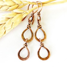 Copper Boho Teardrop Dangle Earrings Long Rustic Textured Handmade Jewelry