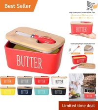 Ceramic Butter Dish Large Capacity Wooden Lid Stainless Steel Knife Spreader