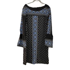 Loft Black Blue Mosaic Bell Sleeve Shift Dress Loose Fit Casual Size XL Career