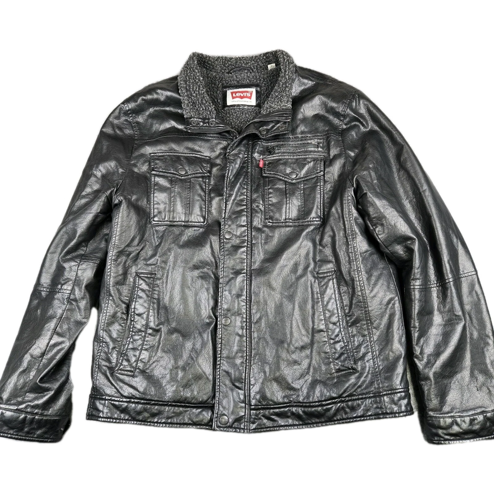 Levi's Faux Leather Sherpa Fleece Lined Bomber Jacket Mens Size XL Black Biker
