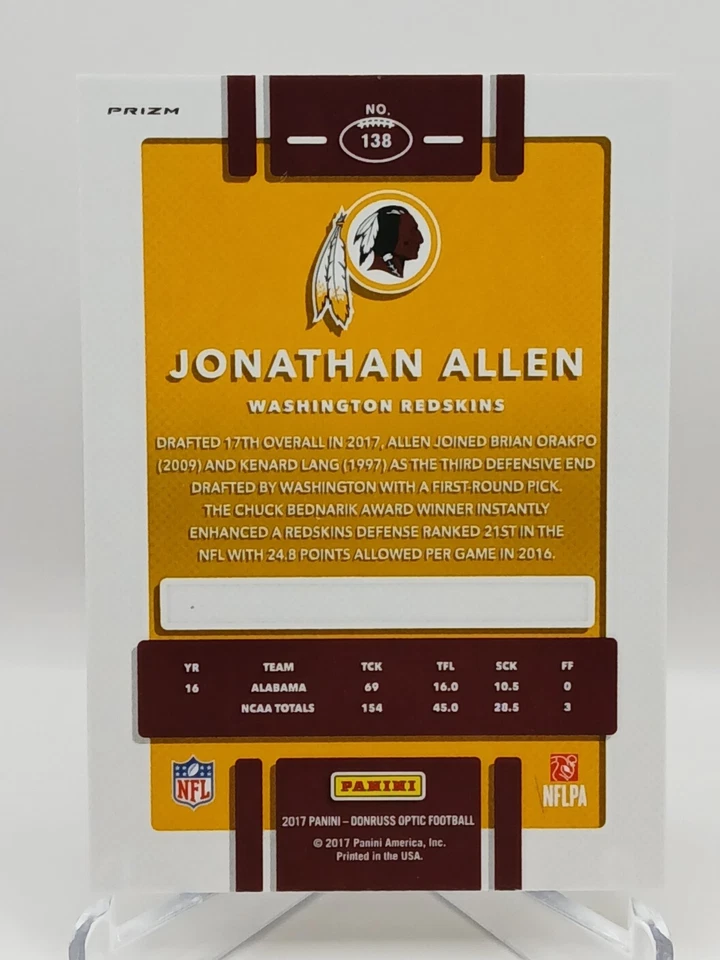 2017 Panini Optic #138 Jonathan Allen Red & Yellow Prizm Rookie Football Card - Image 2 of 2