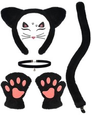Black Cat Costume Set with Kitty Ears Tail Paw Gloves Collar Face Sticker