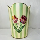 Metal Tulip Floral Waste Basket Trash Can Scalloped Rim Ivory Field Green Stripe
