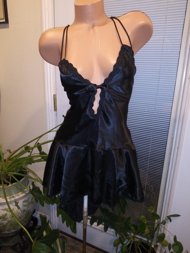 Vtg Satin Oily Frilly Wet Jet Black Ruffle Gown Babydoll Shorty Nightgown Gown S - 第 7/7 張圖片