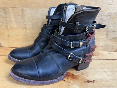 Freebird Crue Block Heel Leather Ankle Boots Rustic Brown Distressed Size 