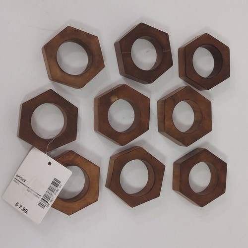 Hexagon Wood Napkin Rings Holders Lot of 9 Vintage JCPenney Burwood Plastic - Picture 3 of 10