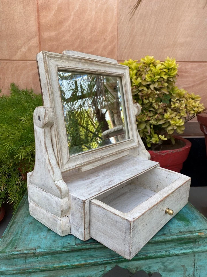Vintage Wooden Hand Crafted White Rustic Painted Dressing Mirror With Drawer Box - Image 2 of 4