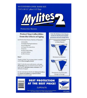 50 Mylar Comic Book Bags Mylites 2 Mil Standard Size 7 1/4'' x 10 1/2'' E. Gerber