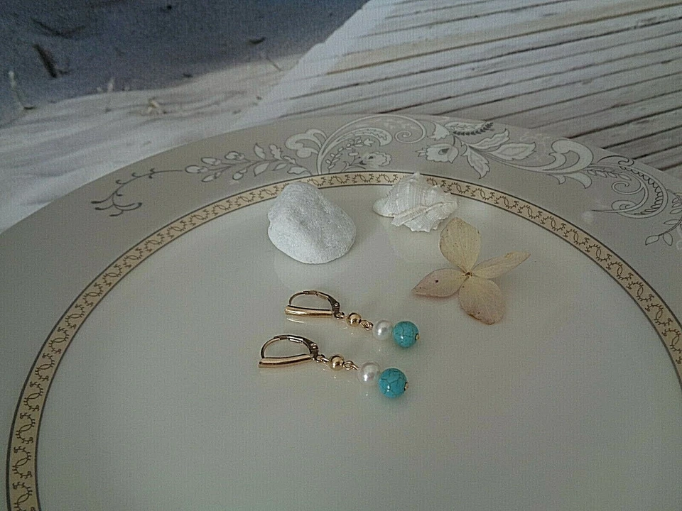 Gold Ohrringe 14K Gold Filled Perlen Türkis - Bild 3 von 4
