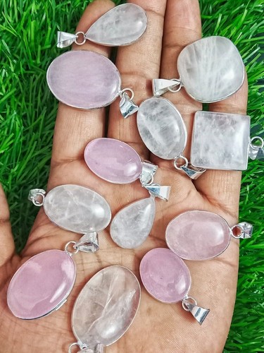 Rose Quartz Gemstone 925 Sterling Silver Plated Wholesale Bezel Pendant Lot - Picture 3 of 3