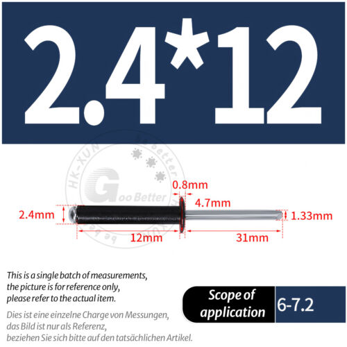 POP RIVETS ALUMINIUM BODY STEEL MANDREL OPEN END DOME HEAD 2mm 2.4mm 4mm - 6.4mm - Picture 115 of 174