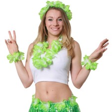 GREEN 4 PIECE HAWAIIAN LEI SET FLOWER NECKLACE HEADBAND BRACELETS FANCY DRESS