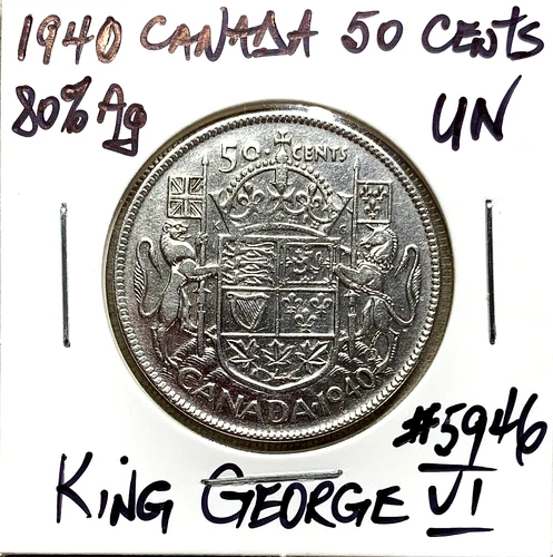 1940 Canada 50 Cents  Lovely Uncirculated King George VI 80% Silver Fifty Cents