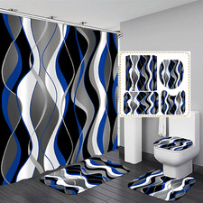 Nkzply 4 Pcs Blue and Black Striped Shower Curtain Set Grey and White Bathroo...