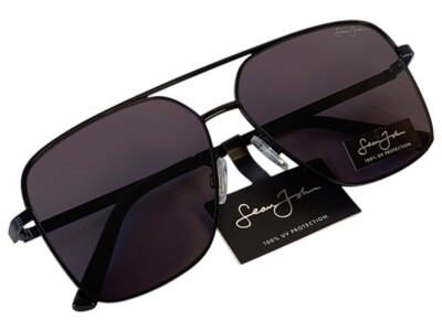 Men's Sean John Solid Black Sunglasses Grey Tinted Lenses Big Pilot Style - New