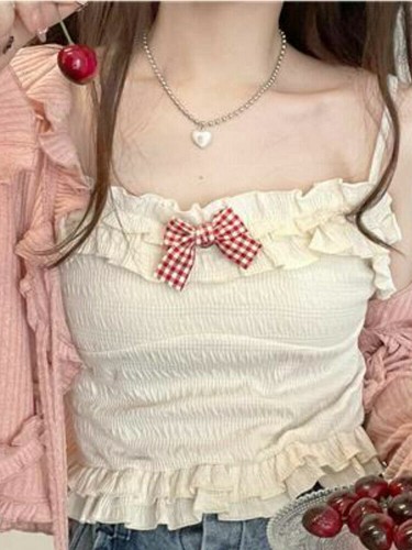 Kawaii Lolita Tank Top Female Bow Pink Sweet Halter Top Women Blue Summer Vset - Picture 15 of 15
