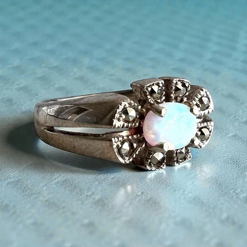 Vintage 925 Sterling Silver Opal Marcasite Ring Art Deco Floral Size 8