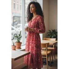 LOFT Women's Red Floral Long Sleeve Maxi Dress Size Medium