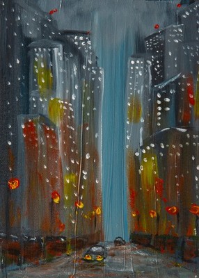 ''City Lights'' Rainy Night Original Acrylic Impressionist Painting - Urban Life